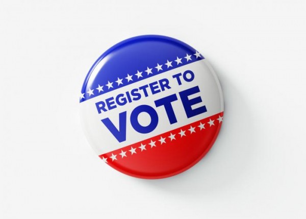  Gemini said A round campaign-style button set against a plain white background, that says "Register To Vote".
