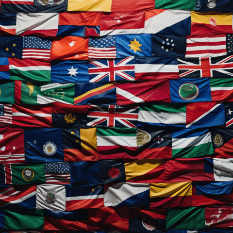 Numerous international flags, layered and slightly overlapping one another.